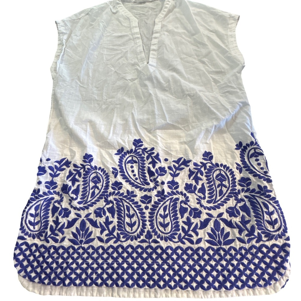 Athleta Embroidered Cotton Tunic Dress White Blue Paisley Boho Coverup
